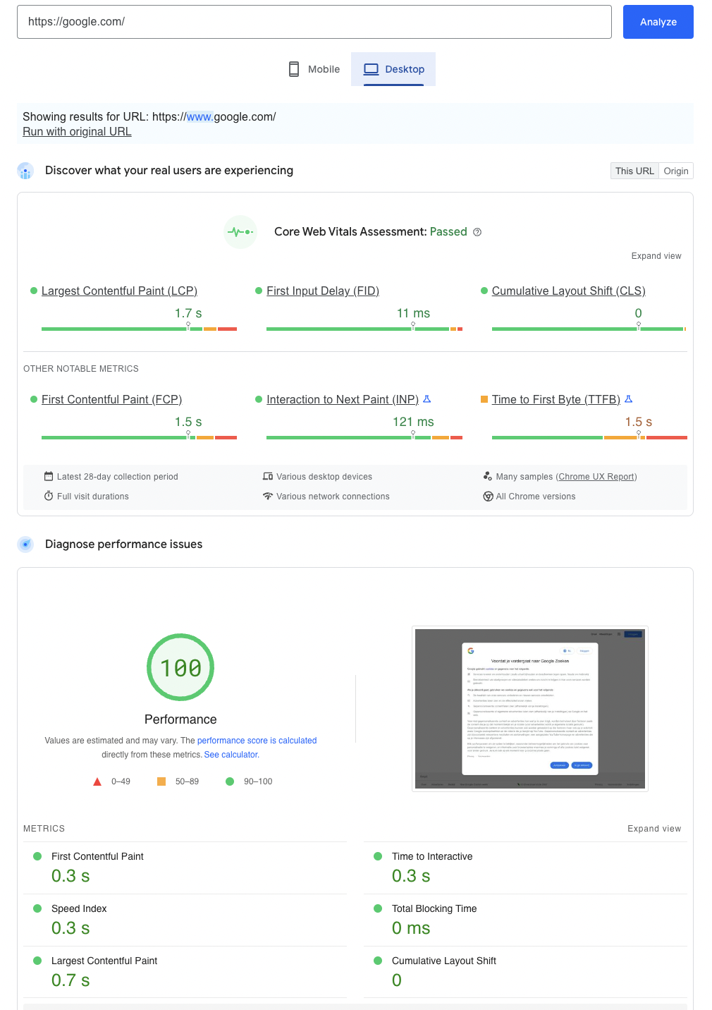 Screenshot of Google Page Speed Insights