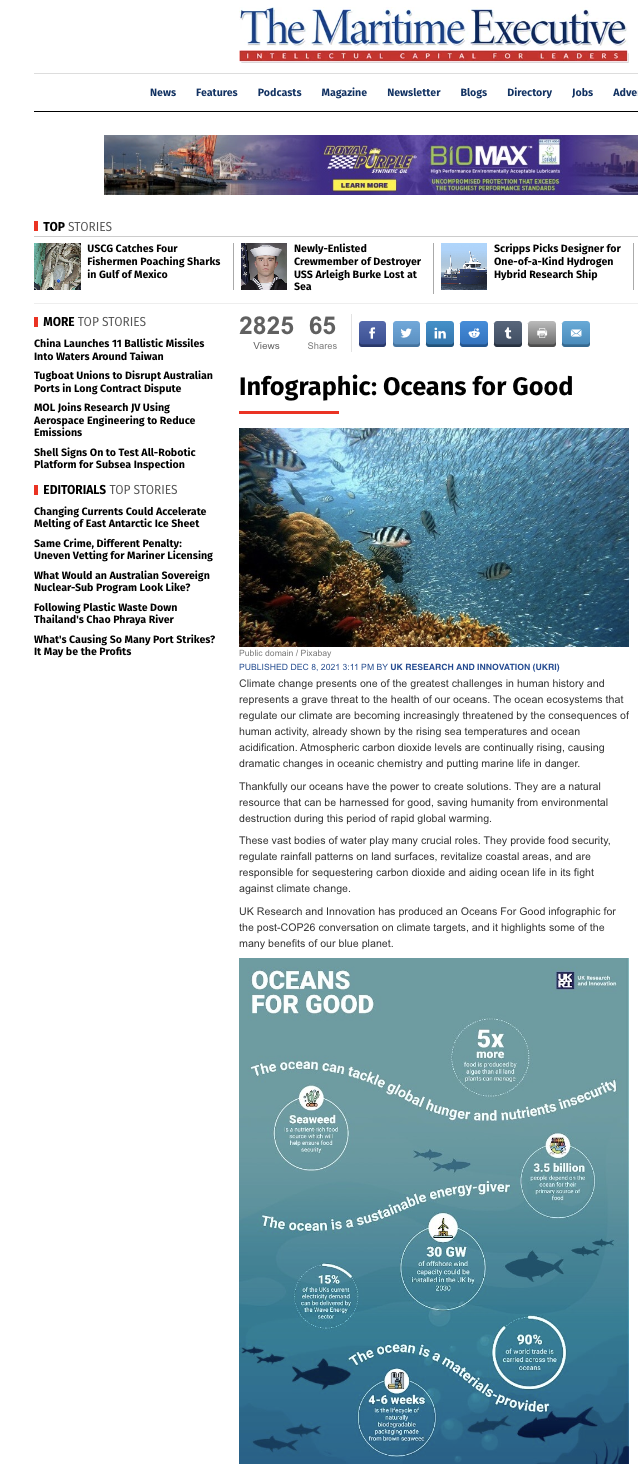 The Maritime Executive promotes UKRI's guest post: Oceans for Good